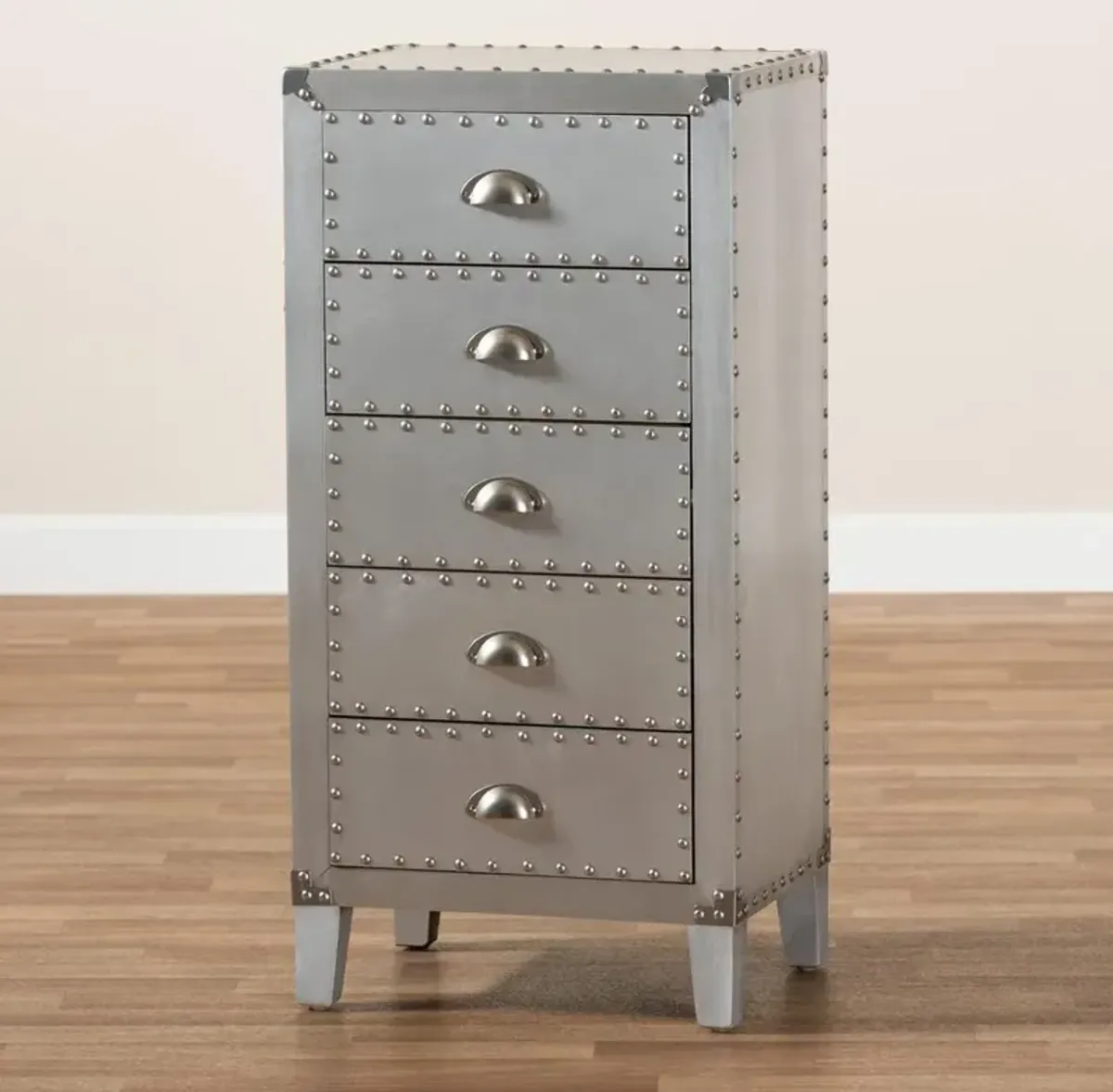 Carel French Industrial Silver Metal 5-Drawer Accent Storage Cabinet