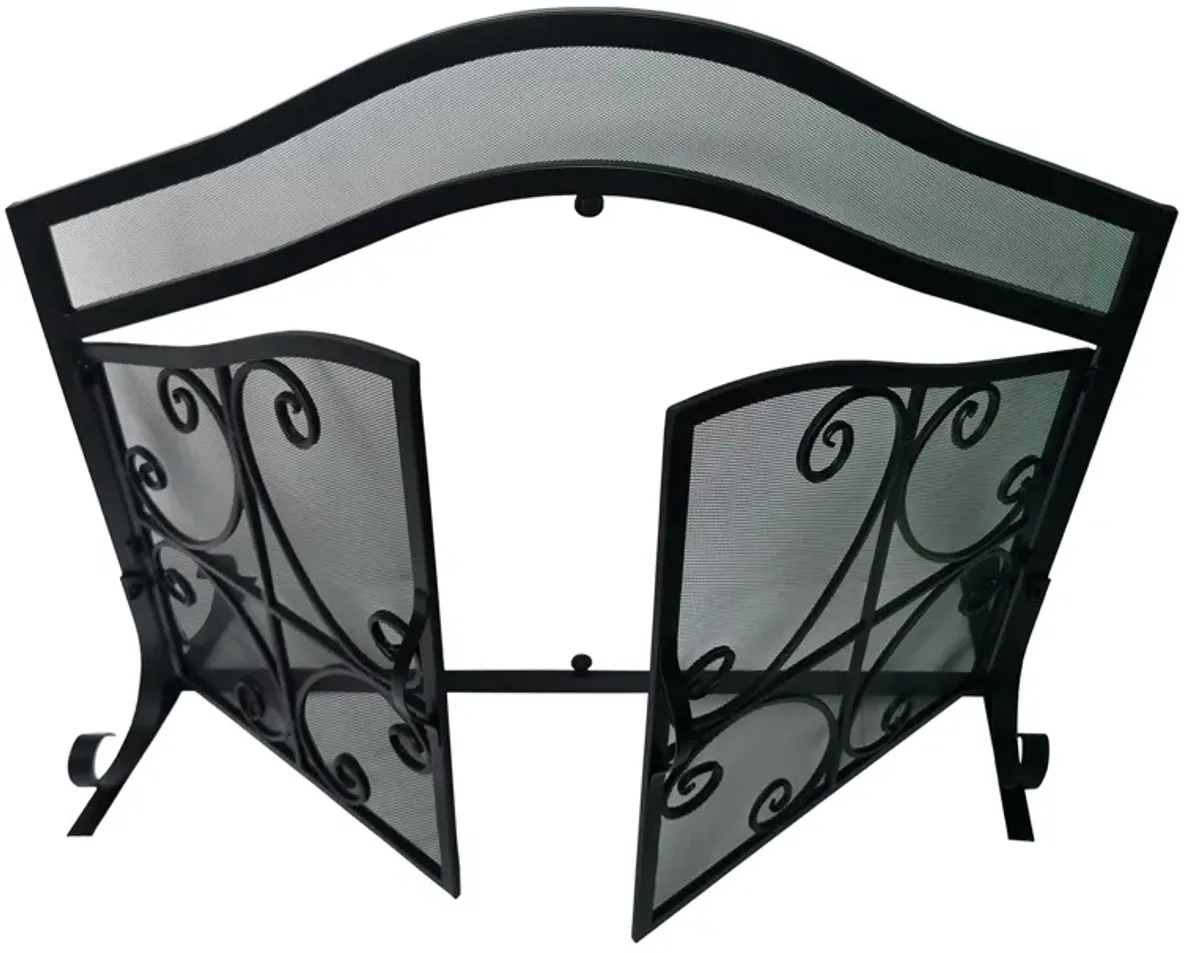 43 Inches 2 Door Iron Fireplace Screen, Mesh Design, Scrollwork, Black-Benzara