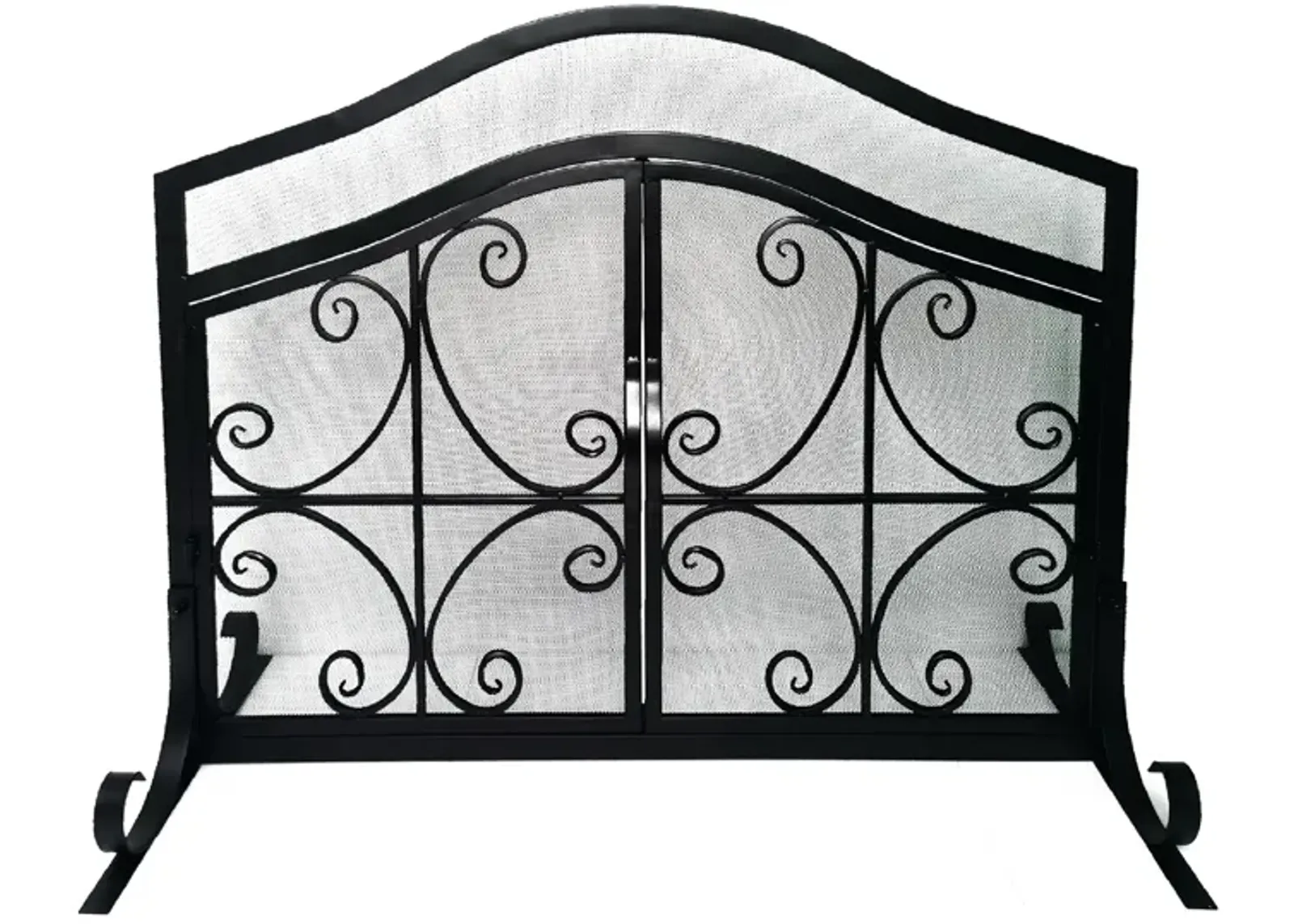 43 Inches 2 Door Iron Fireplace Screen, Mesh Design, Scrollwork, Black-Benzara