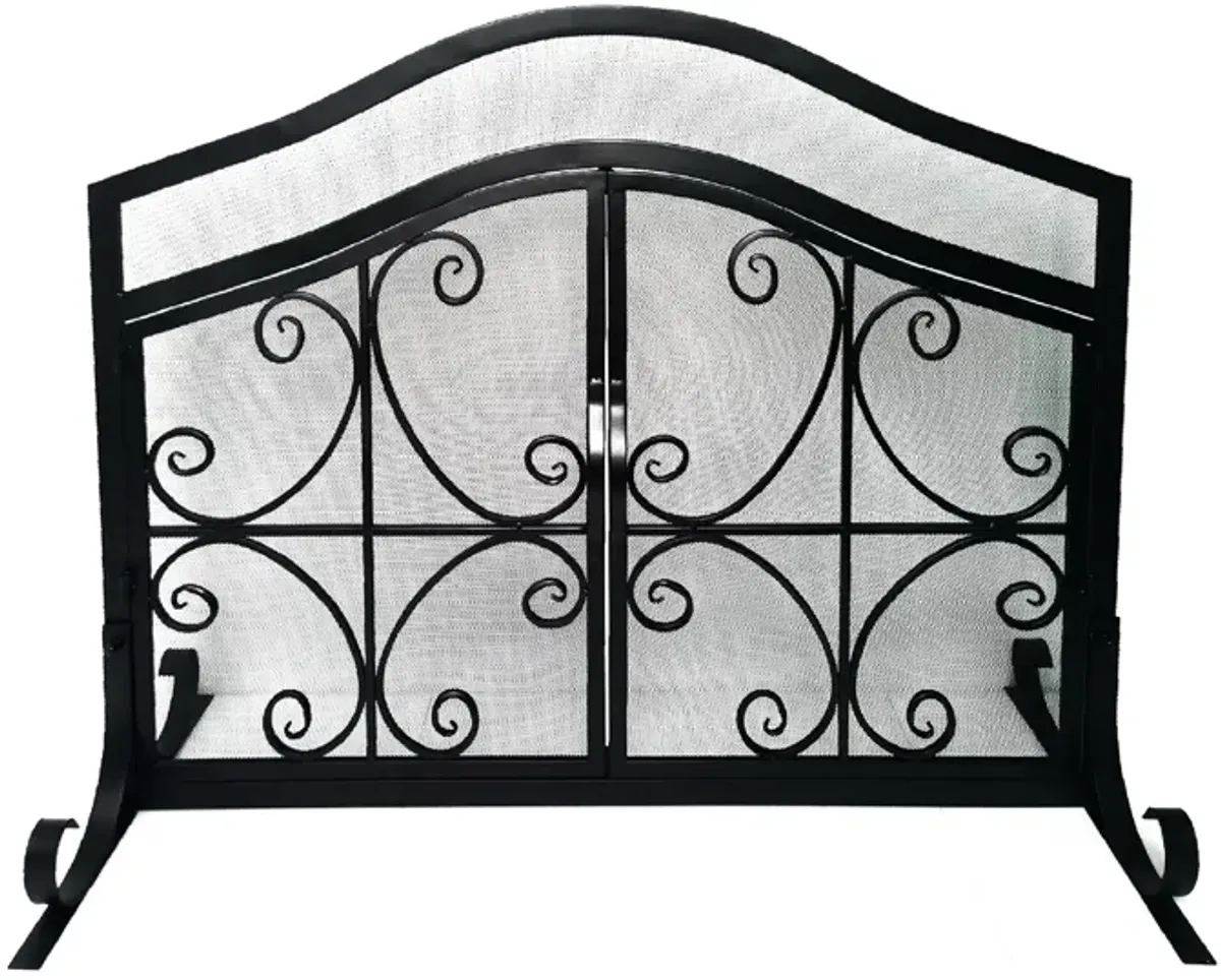 43 Inches 2 Door Iron Fireplace Screen, Mesh Design, Scrollwork, Black-Benzara