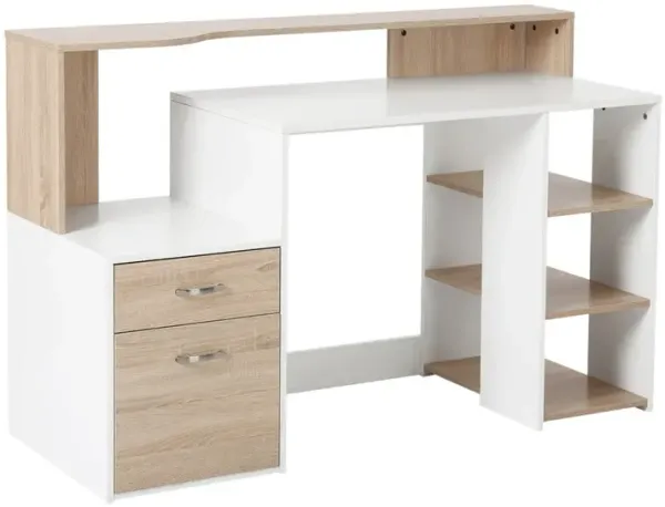 Sleek Home Office: Oak/White Computer Desk with 3-Tier Shelves