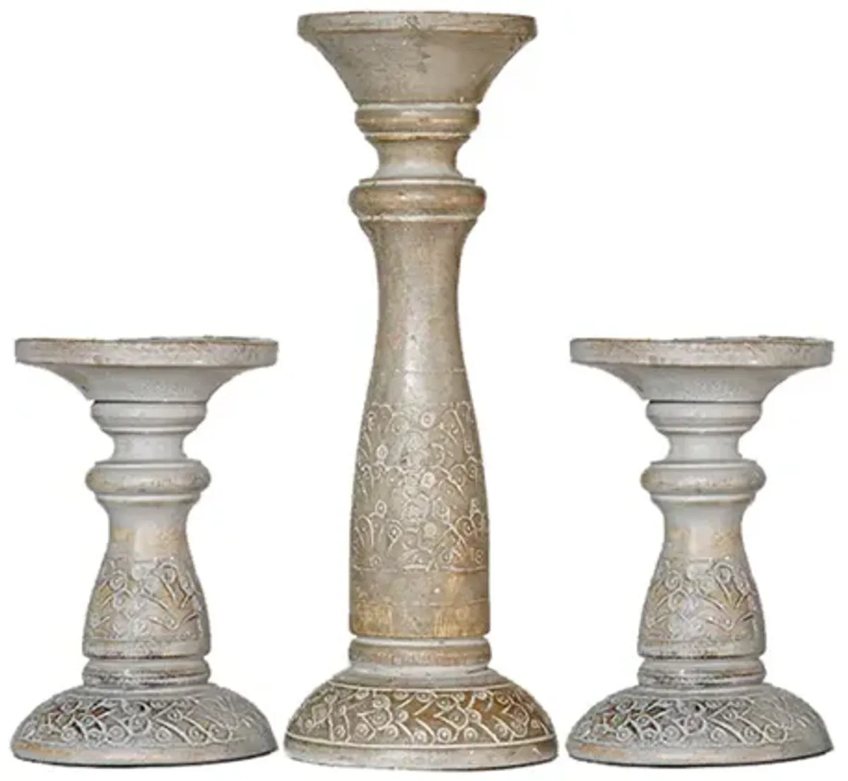 Traditional Gray Wash Eco-friendly Handmade Mango Wood Set Of Three 6",12" & 6" Pillar Candle Holder BBH Homes