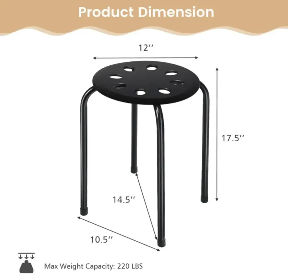 Hivvago 17.5 Inch Set of 6 Portable Plastic Stack Stools with Metal Frame