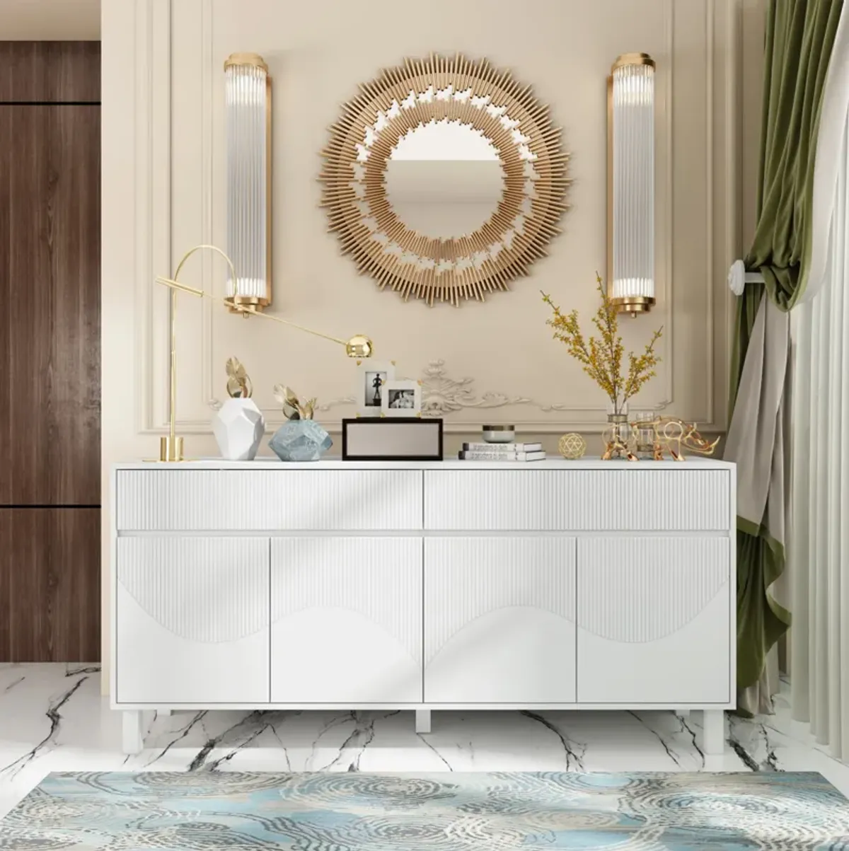 FUFU&GAGA White Storage Cabinet with Multiple Doors and Shelves, (63"W x 15.7"D x 29.7"H),White