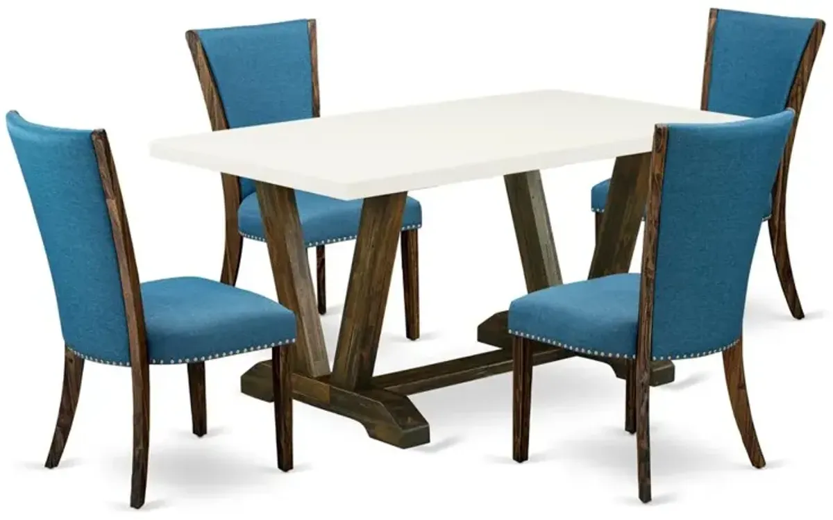 East West Furniture V726VE721-5 5Pc Dining Table Set Includes a Dining Table and 4 Parson Chairs with Blue Color Linen Fabric,Distressed Jacobean and Linen White Finish