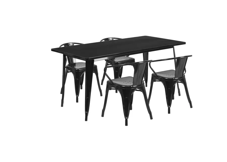 Flash Furniture Commercial Grade 31.5" x 63" Rectangular Black Metal Indoor-Outdoor Table Set with 4 Arm Chairs