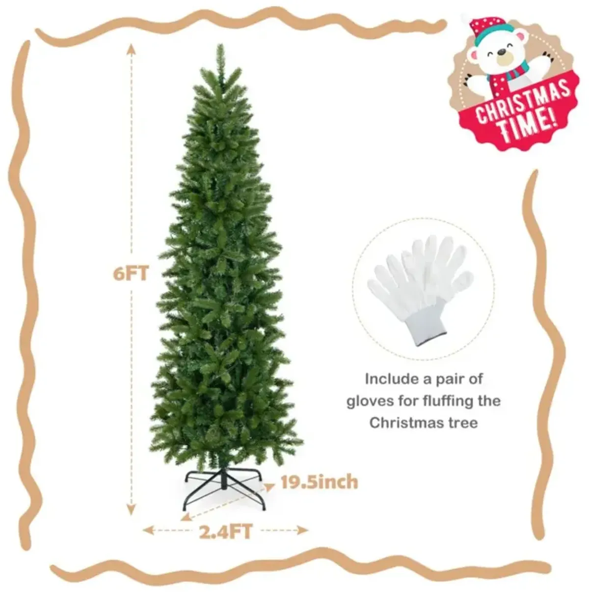 Hivvago 6 Feet Pre-Lit Artificial Christmas Pencil Tree with 648 PVC PE Branch Tips