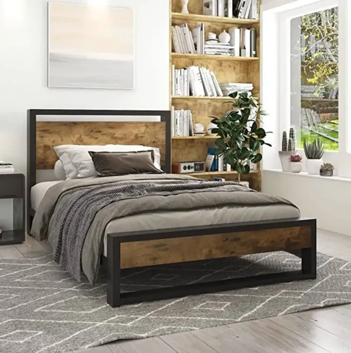 QuikFurn Twin Modern Farmhouse Platform Bed Frame with Wood Panel Headboard Footboard