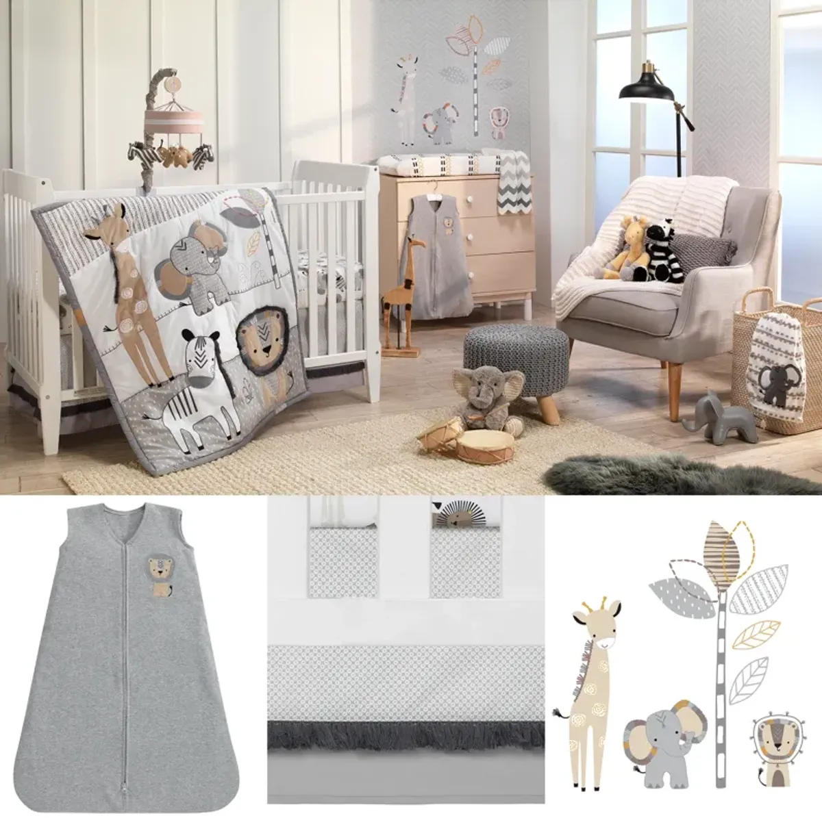 Lambs & Ivy Jungle Safari Gray/Tan/White Nursery 6-Piece Baby Crib Bedding Set