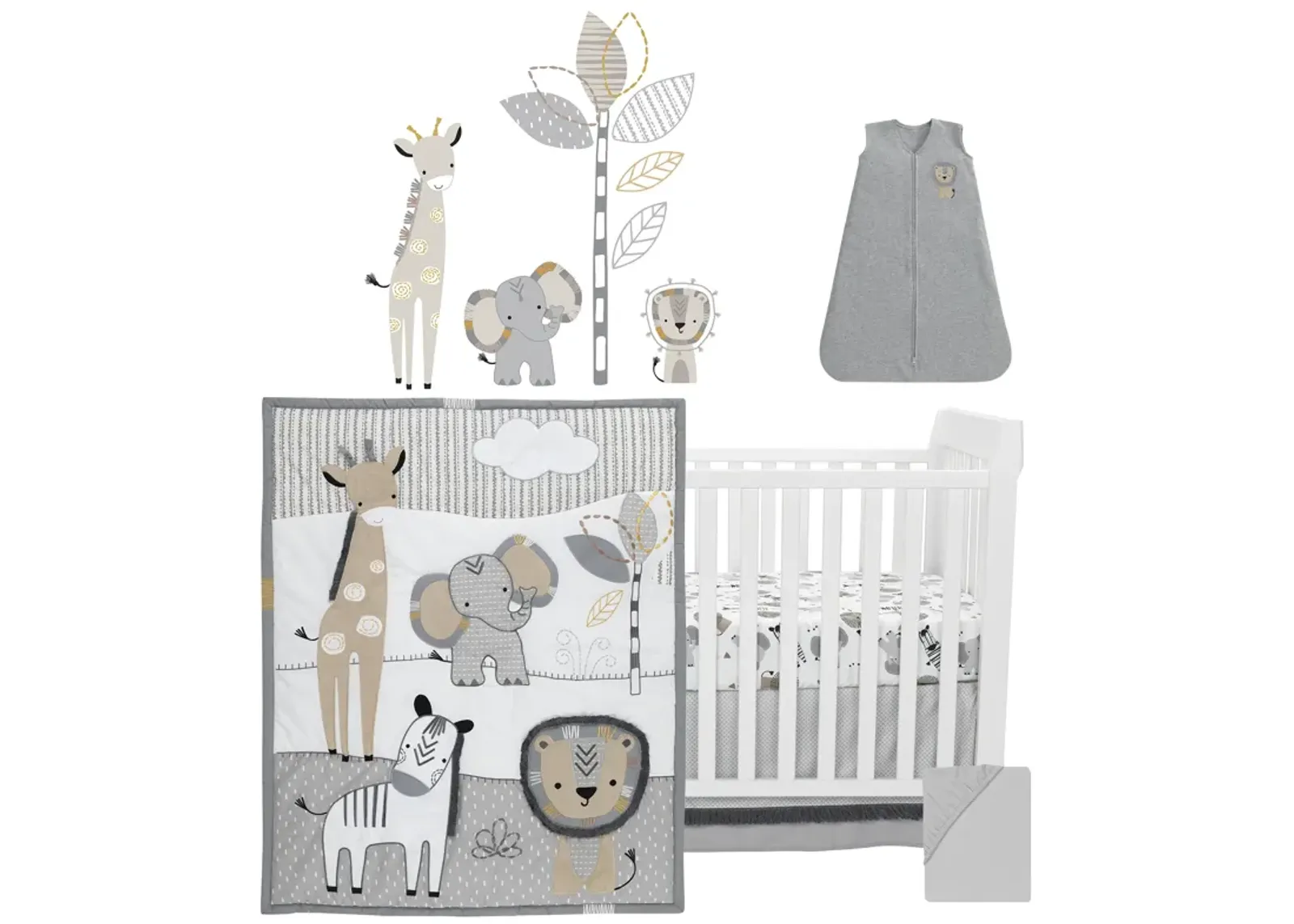 Lambs & Ivy Jungle Safari Gray/Tan/White Nursery 6-Piece Baby Crib Bedding Set