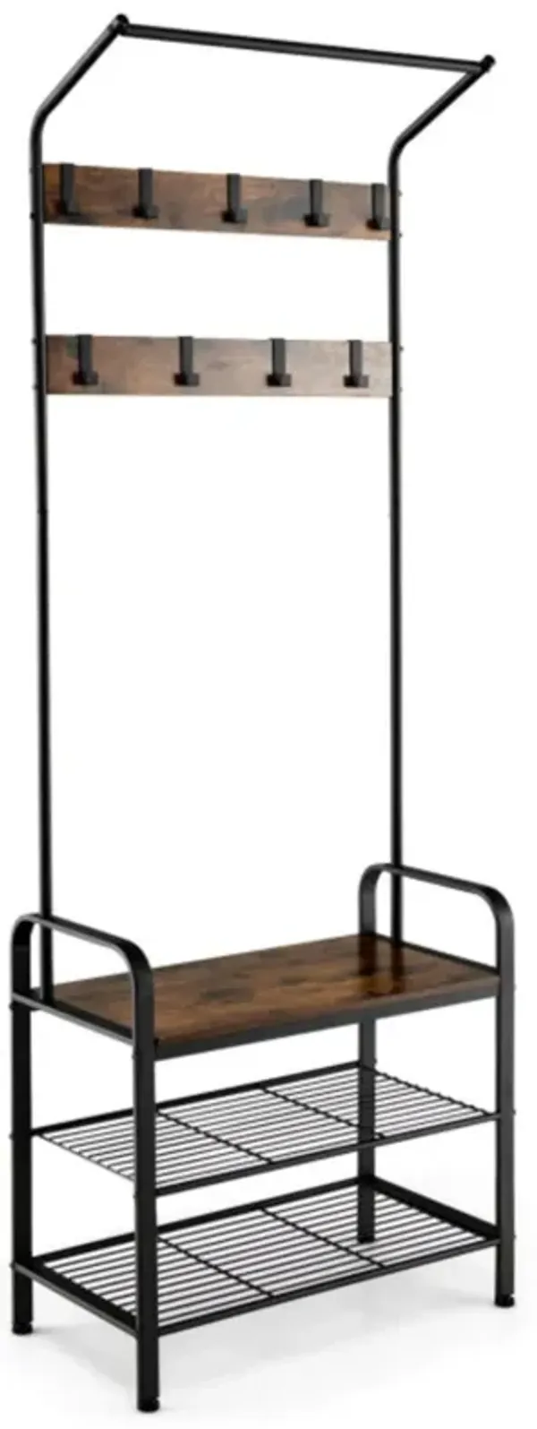 3-in-1 Industrial Hall Tree Coat Rack Shoe Bench with Storage Shelf and 9 Hooks