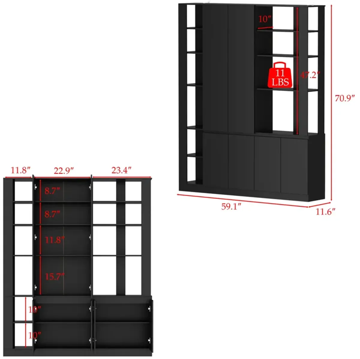 FUFU&GAGA Modern Bookcase with Open Shelves and Cabinets (59.1" W x 11.6" D x 70.9" H),Black