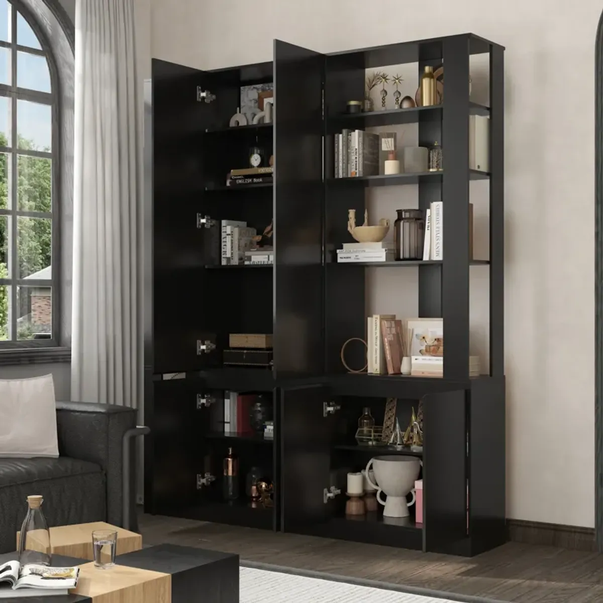 FUFU&GAGA Modern Bookcase with Open Shelves and Cabinets (59.1" W x 11.6" D x 70.9" H),Black