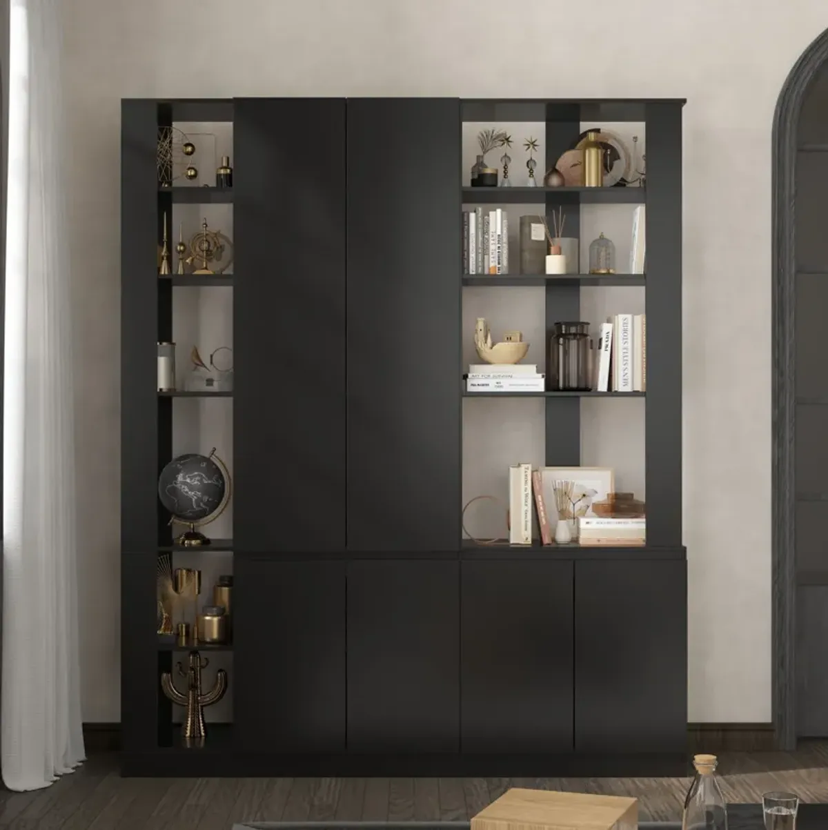 FUFU&GAGA Modern Bookcase with Open Shelves and Cabinets (59.1" W x 11.6" D x 70.9" H),Black