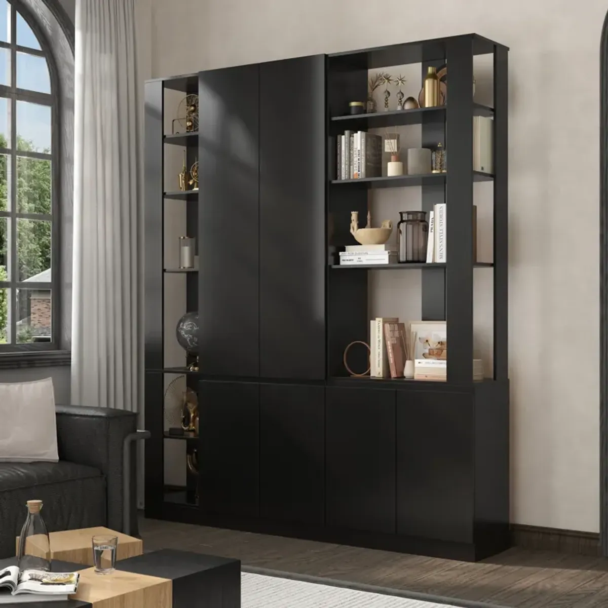 FUFU&GAGA Modern Bookcase with Open Shelves and Cabinets (59.1" W x 11.6" D x 70.9" H),Black