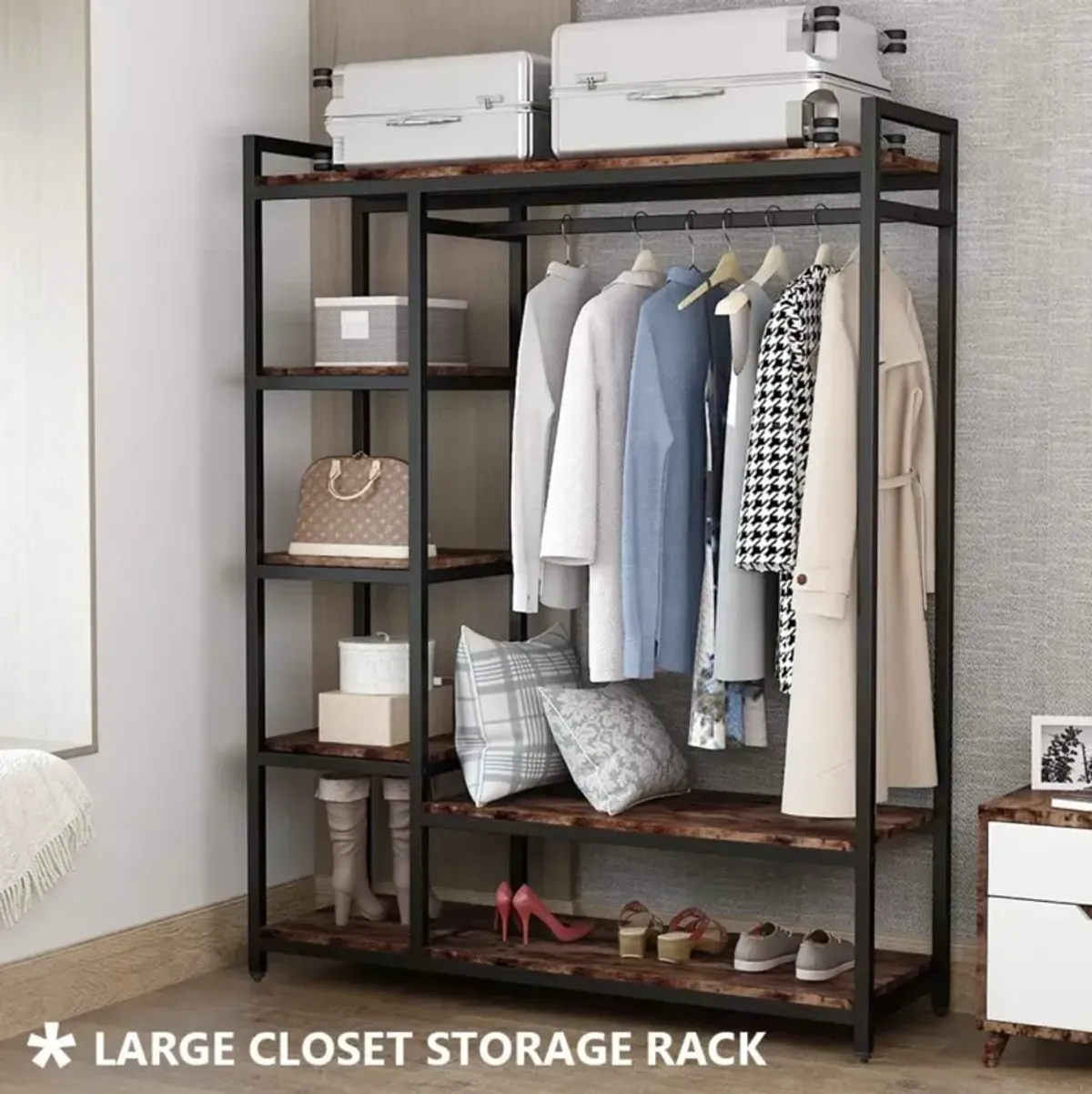 Large Free-standing Closet, Standing Clothes Garment Rack, Organizer with 6 Storage Shelves and Hanging Bar