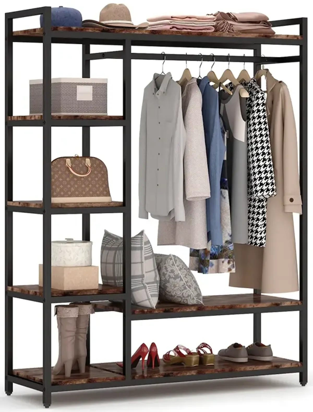 Large Free-standing Closet, Standing Clothes Garment Rack, Organizer with 6 Storage Shelves and Hanging Bar