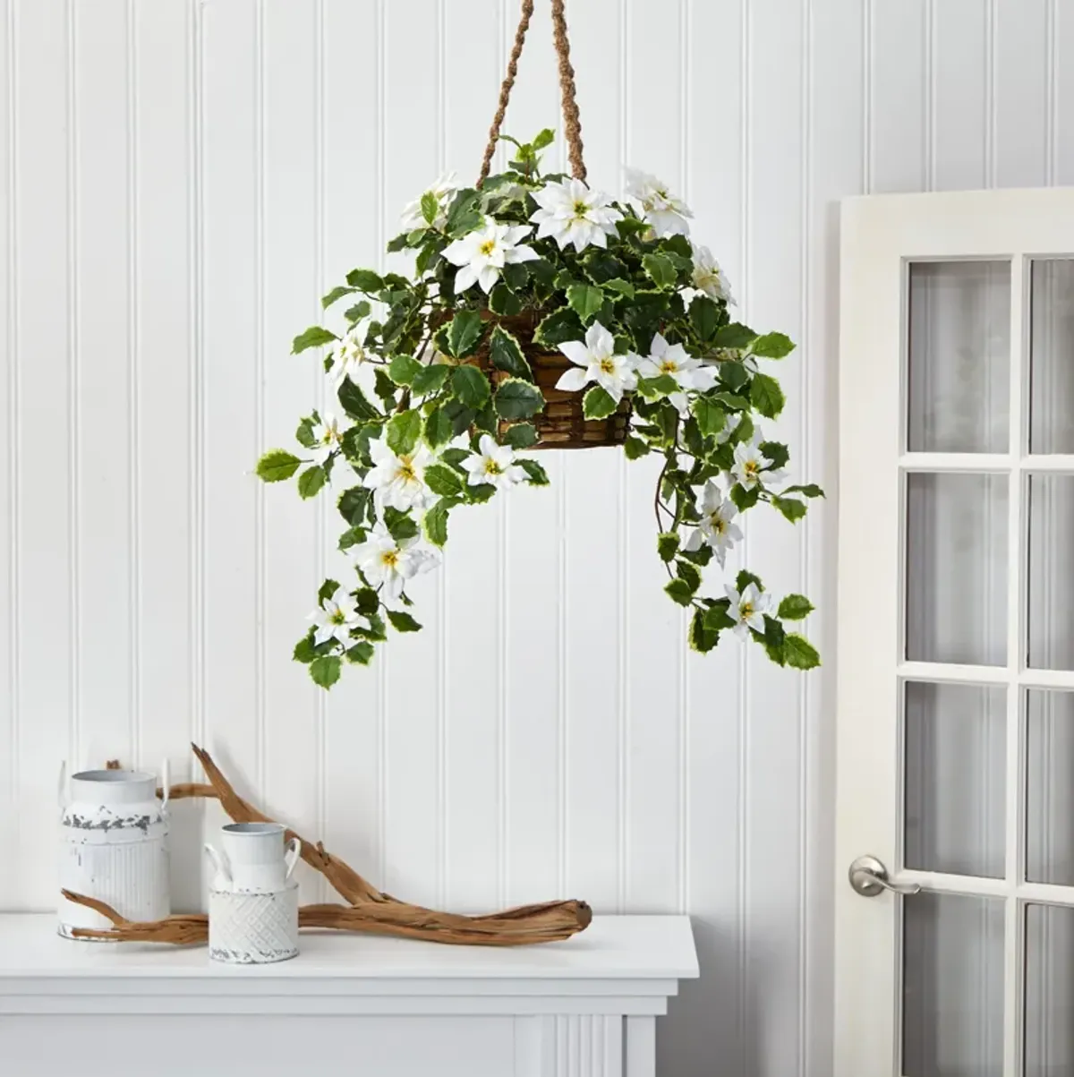 Hivvago 3.5" Poinsettia and Variegated Holly Artificial Plant in Hanging Basket (Real Touch) - White