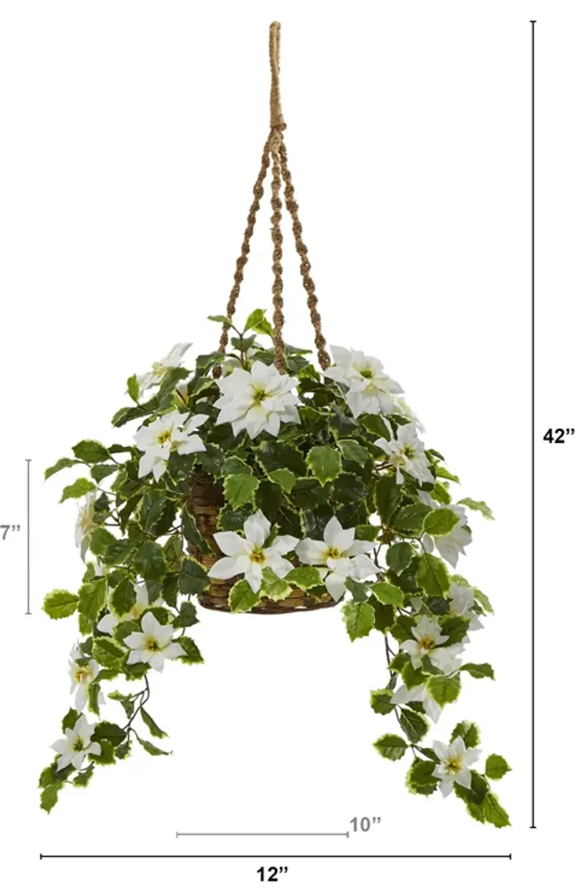 Hivvago 3.5" Poinsettia and Variegated Holly Artificial Plant in Hanging Basket (Real Touch) - White