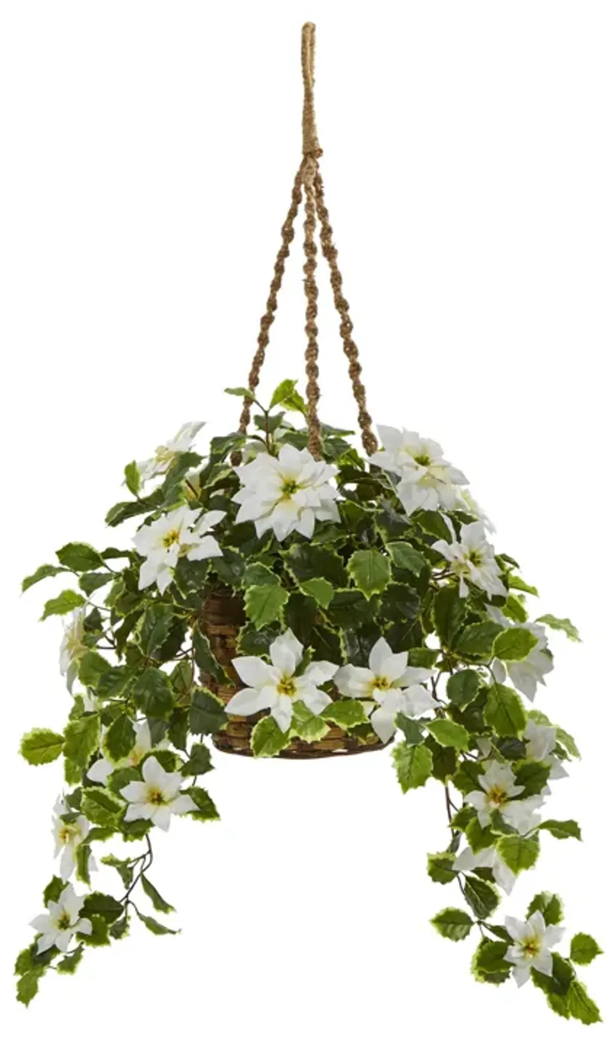 Hivvago 3.5" Poinsettia and Variegated Holly Artificial Plant in Hanging Basket (Real Touch) - White