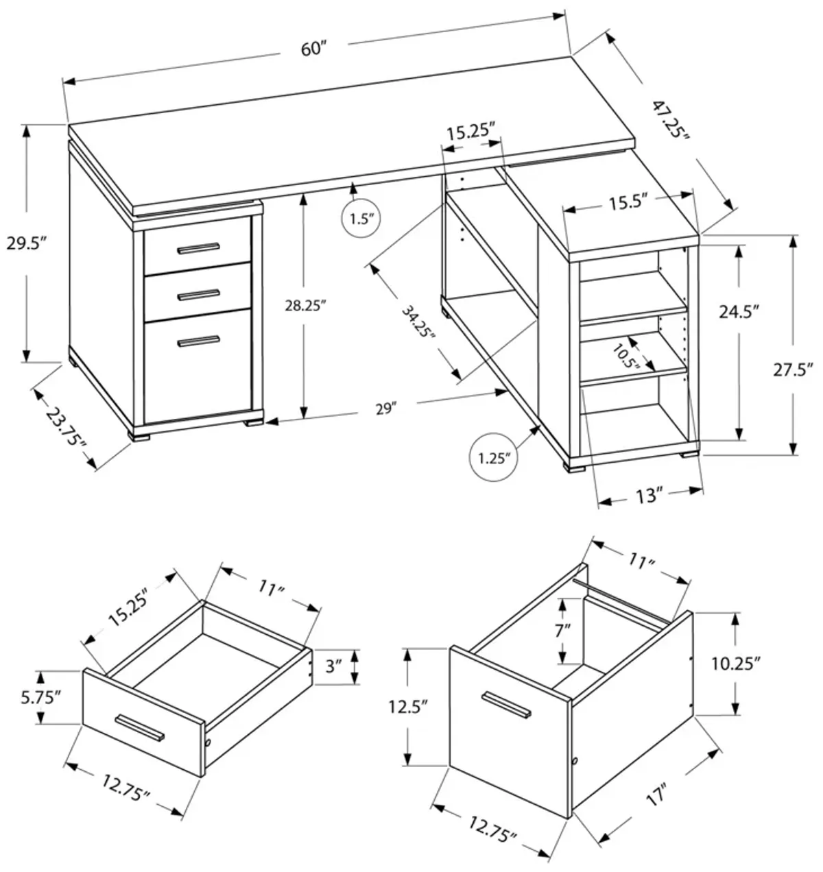 Monarch Specialties Computer Desk, Home Office, Corner, Left, Right Set-Up, Storage Drawers, L Shape, Work, Laptop, Laminate, Brown, Contemporary, Modern