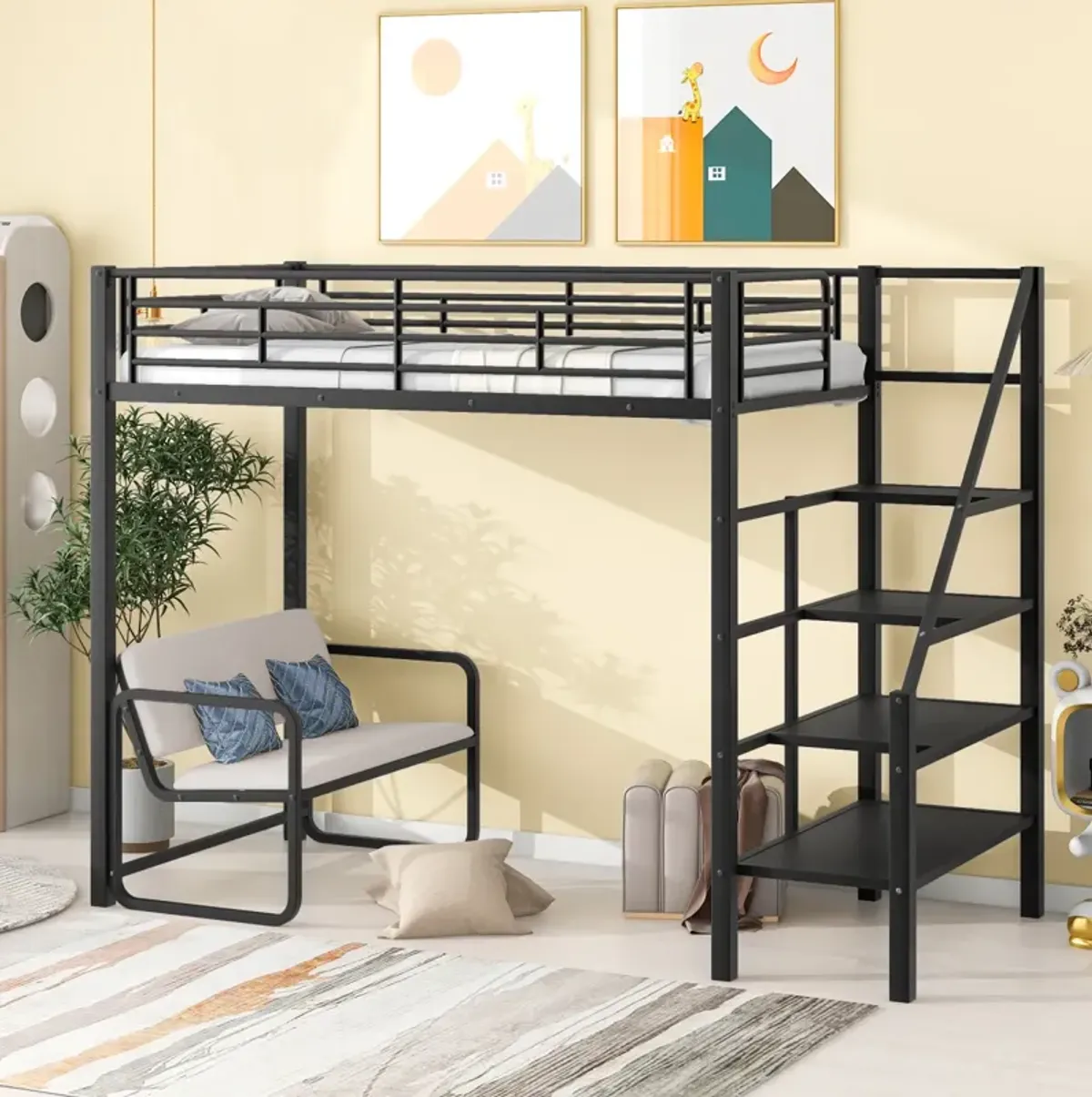 Twin Size Metal Loft Bed With Bench And Storage Staircase