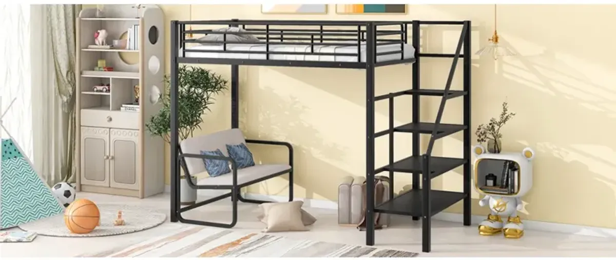 Twin Size Metal Loft Bed With Bench And Storage Staircase