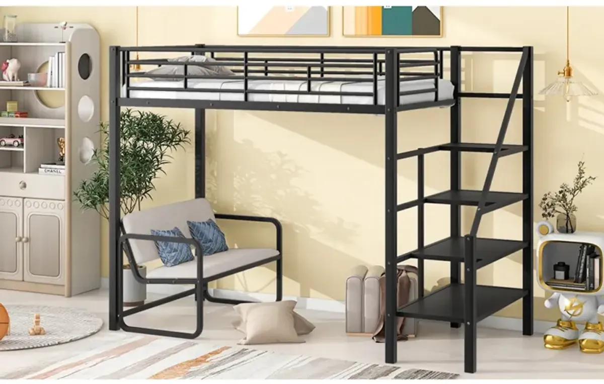 Twin Size Metal Loft Bed With Bench And Storage Staircase