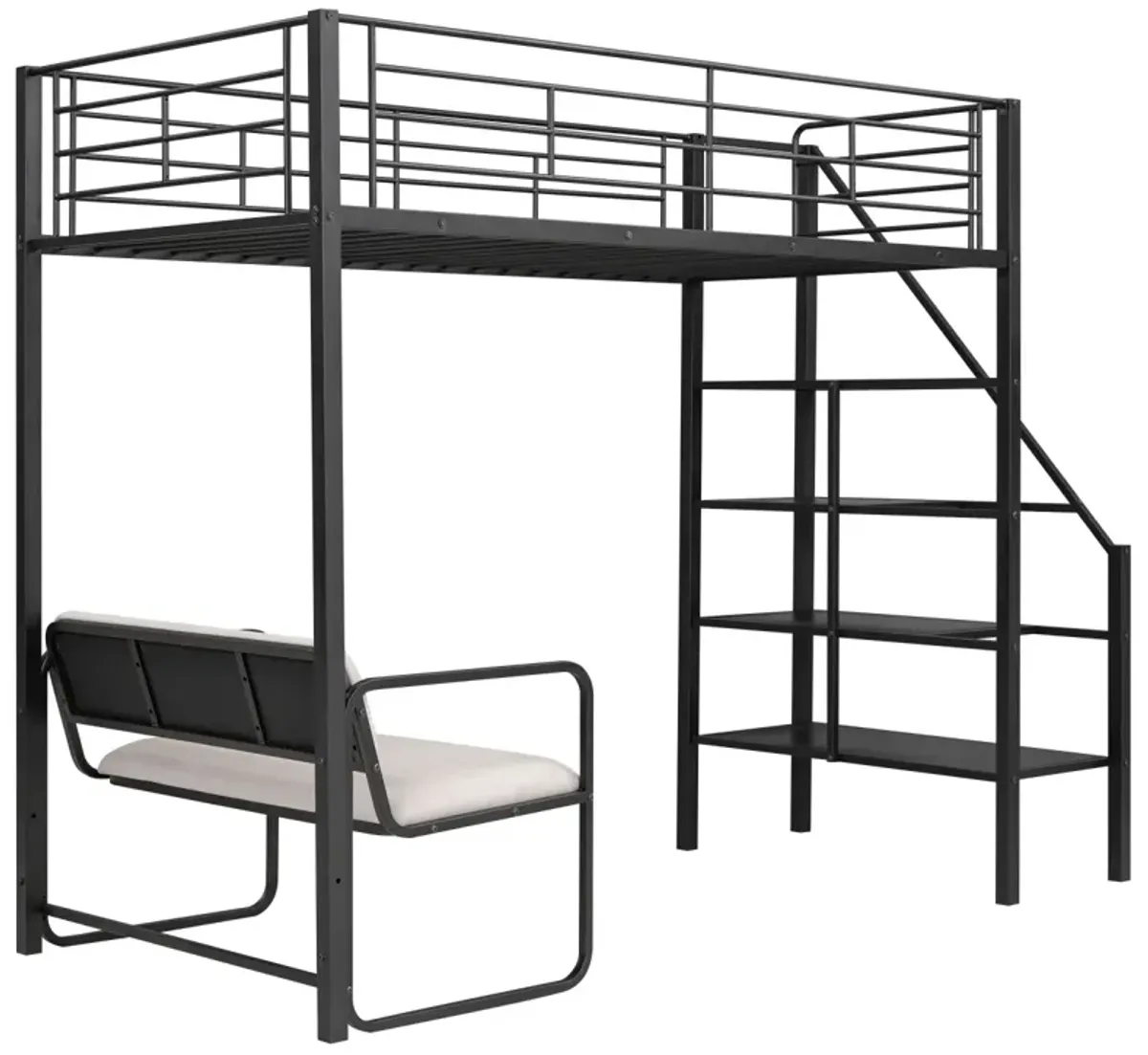 Twin Size Metal Loft Bed With Bench And Storage Staircase