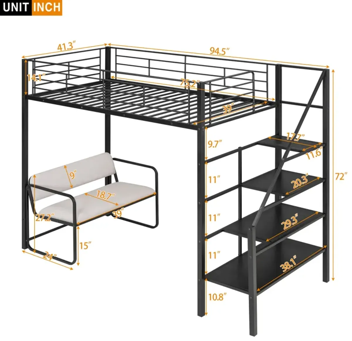 Twin Size Metal Loft Bed With Bench And Storage Staircase