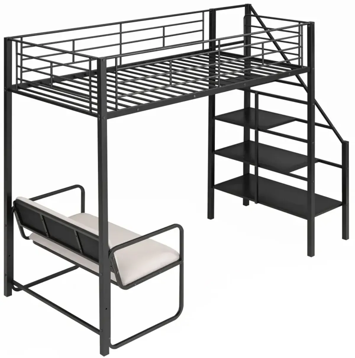 Twin Size Metal Loft Bed With Bench And Storage Staircase