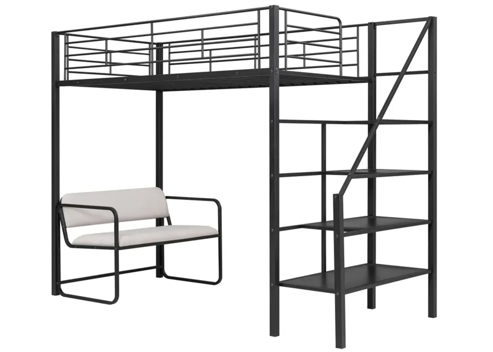 Twin Size Metal Loft Bed With Bench And Storage Staircase