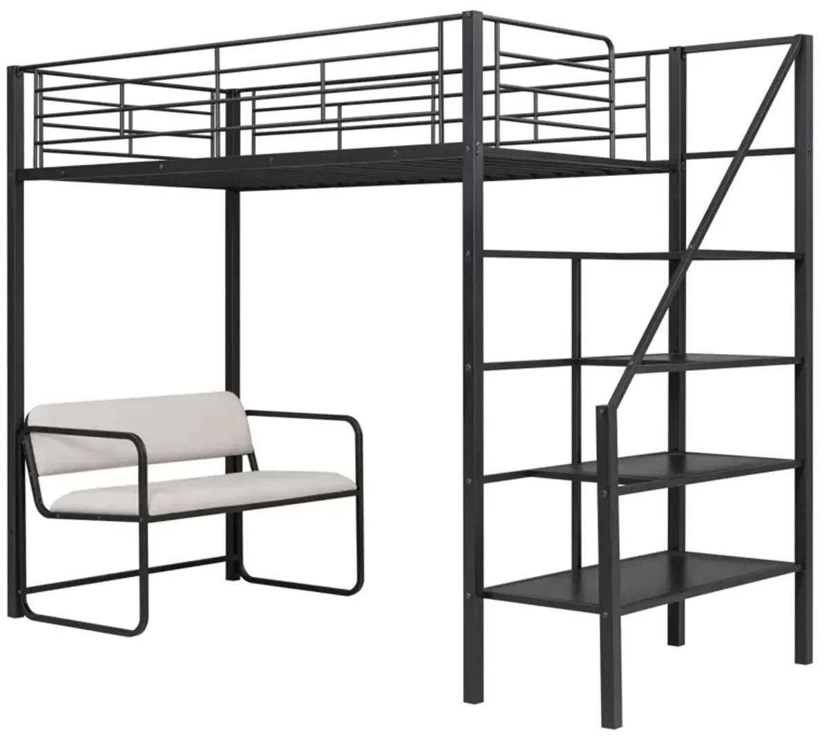 Twin Size Metal Loft Bed With Bench And Storage Staircase