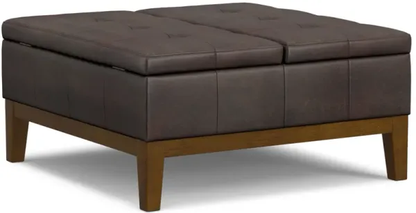 Dover 36 inch Wide Contemporary Square Lift Top Coffee Table Storage Ottoman in Distressed Brown Vegan Faux Leather, Assembled