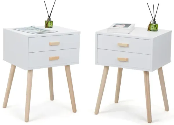 Jaxpety Double Drawer Wood Handle Nightstand White 2-Pack