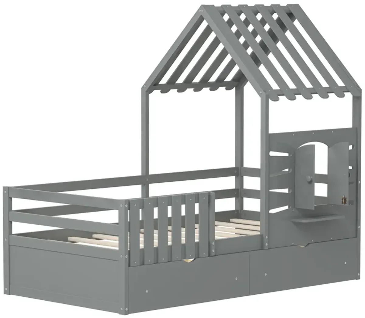 Merax House Platform Bed with 2 Drawers and Guardrails