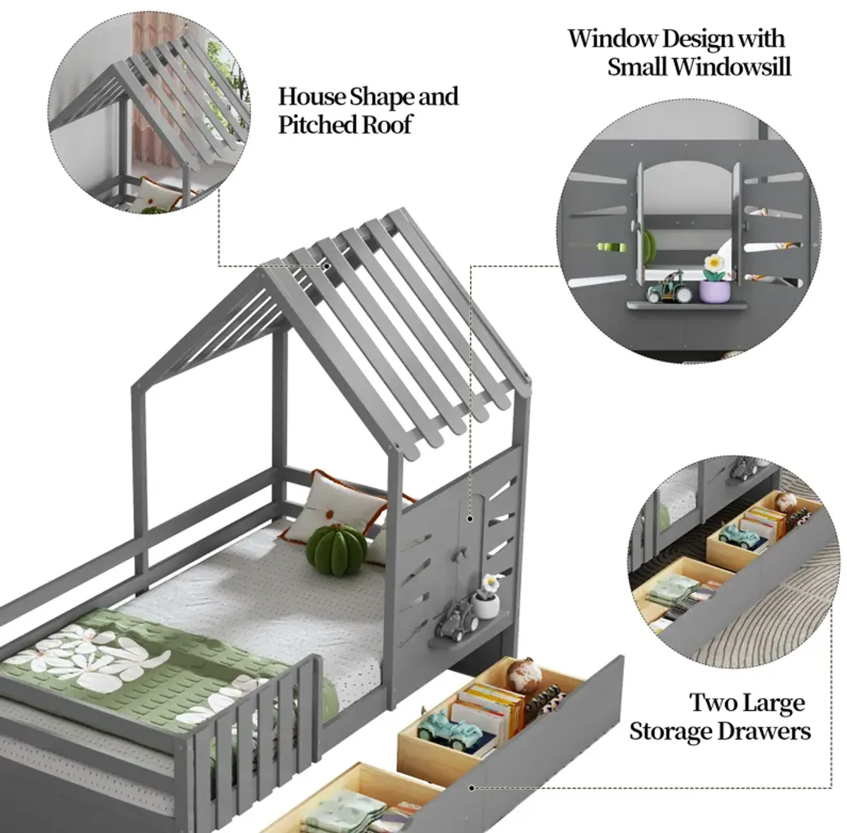 Merax House Platform Bed with 2 Drawers and Guardrails