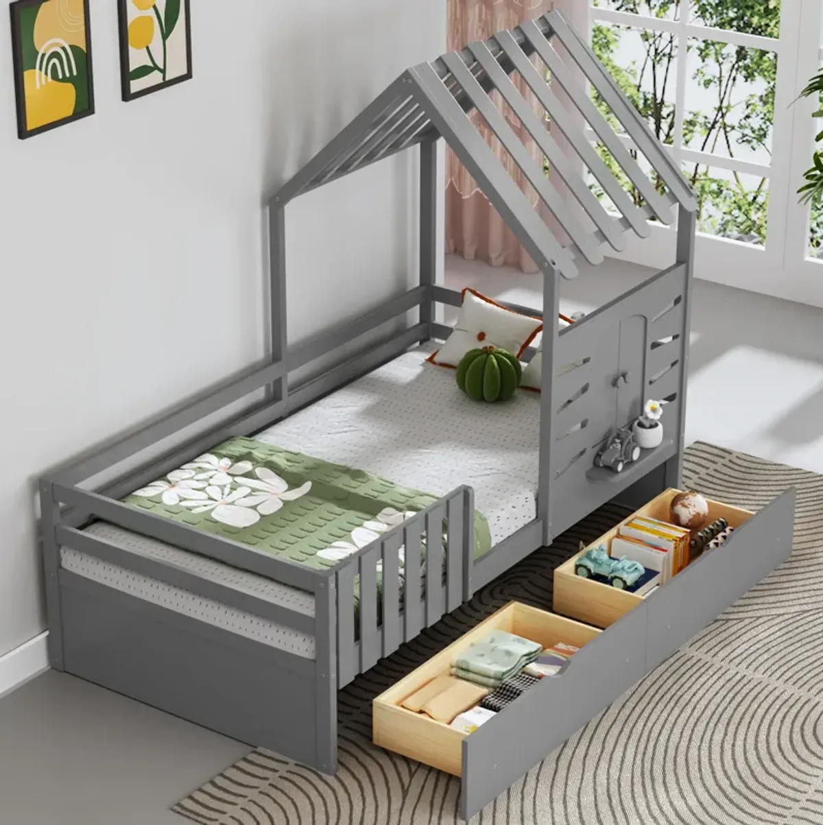Merax House Platform Bed with 2 Drawers and Guardrails