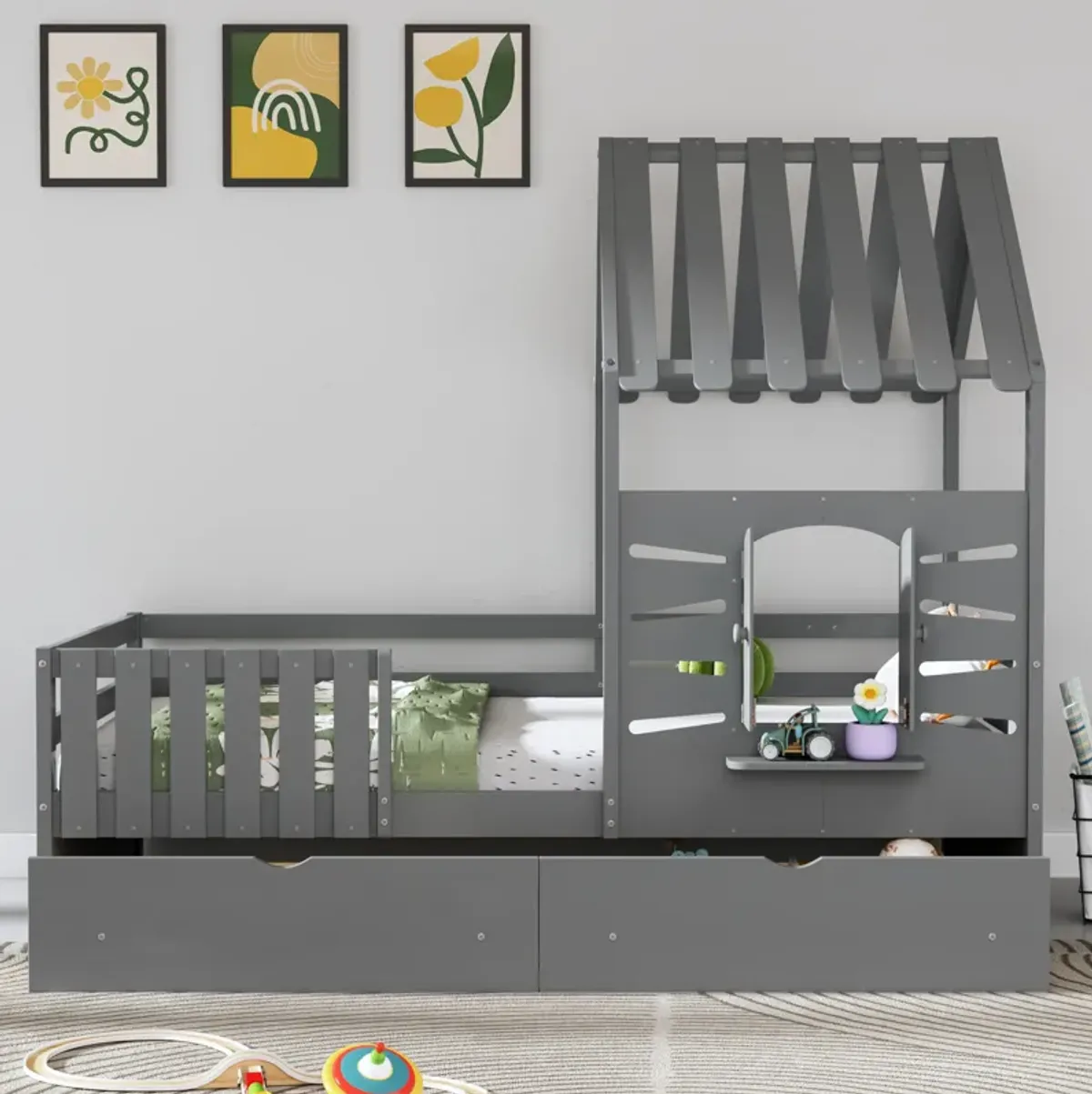Merax House Platform Bed with 2 Drawers and Guardrails