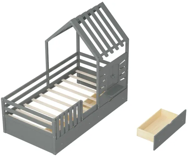 Merax House Platform Bed with 2 Drawers and Guardrails