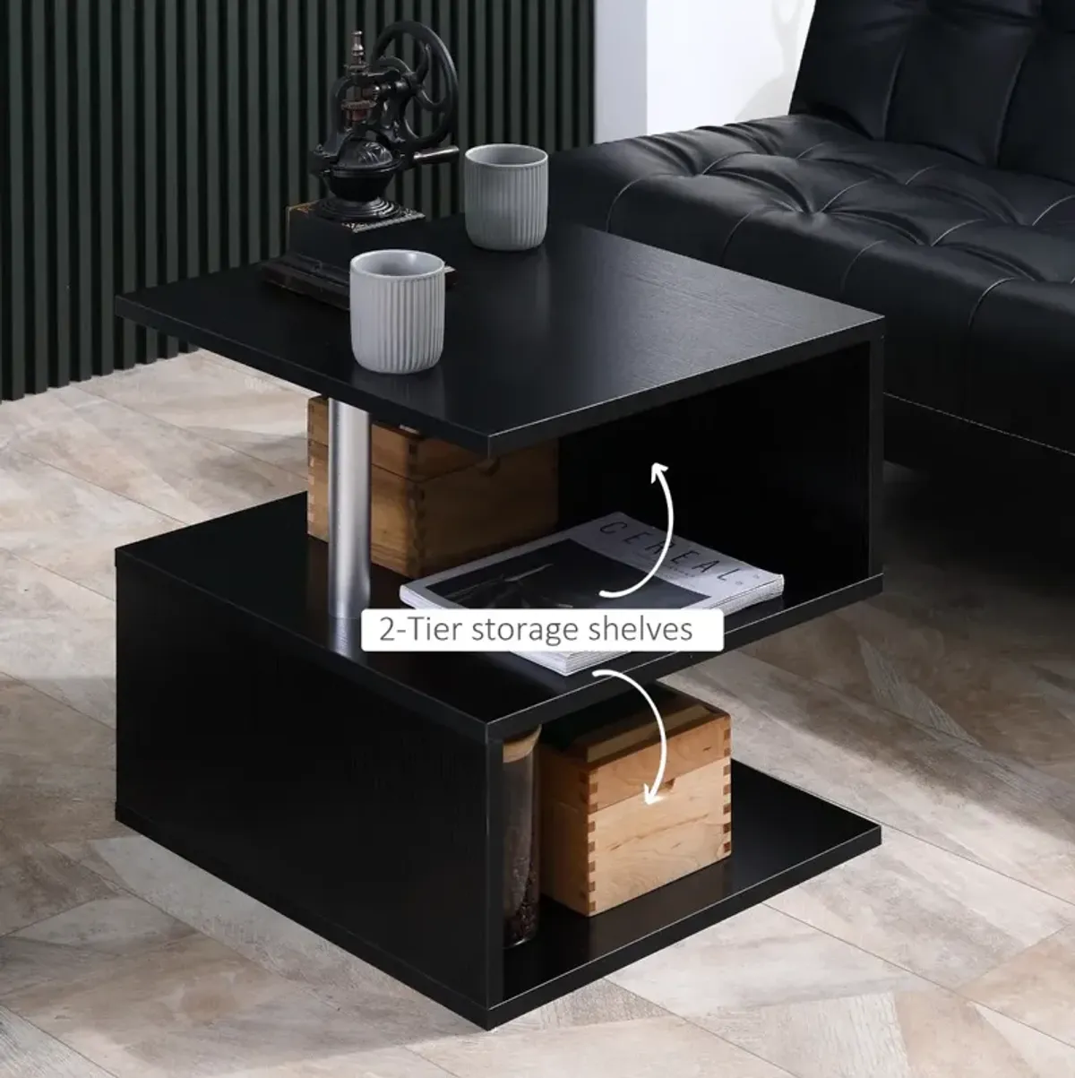 Chic Multilevel Table: Black S-Shaped Lift Top Coffee Table with 3 Tiers