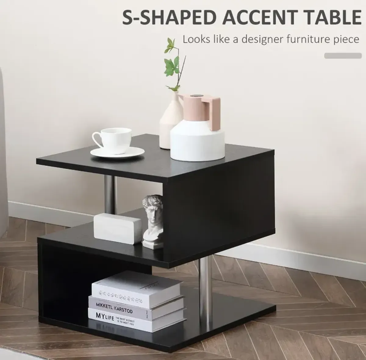 Chic Multilevel Table: Black S-Shaped Lift Top Coffee Table with 3 Tiers