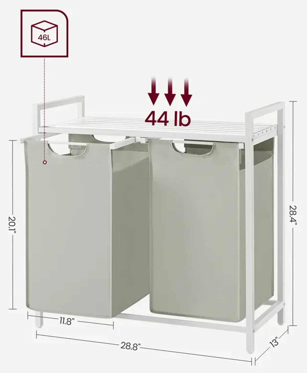 Metal Frame Laundry Hamper with Top Shelf and Pull-Out Bags, 2 Removable Oxford Fabric Bags