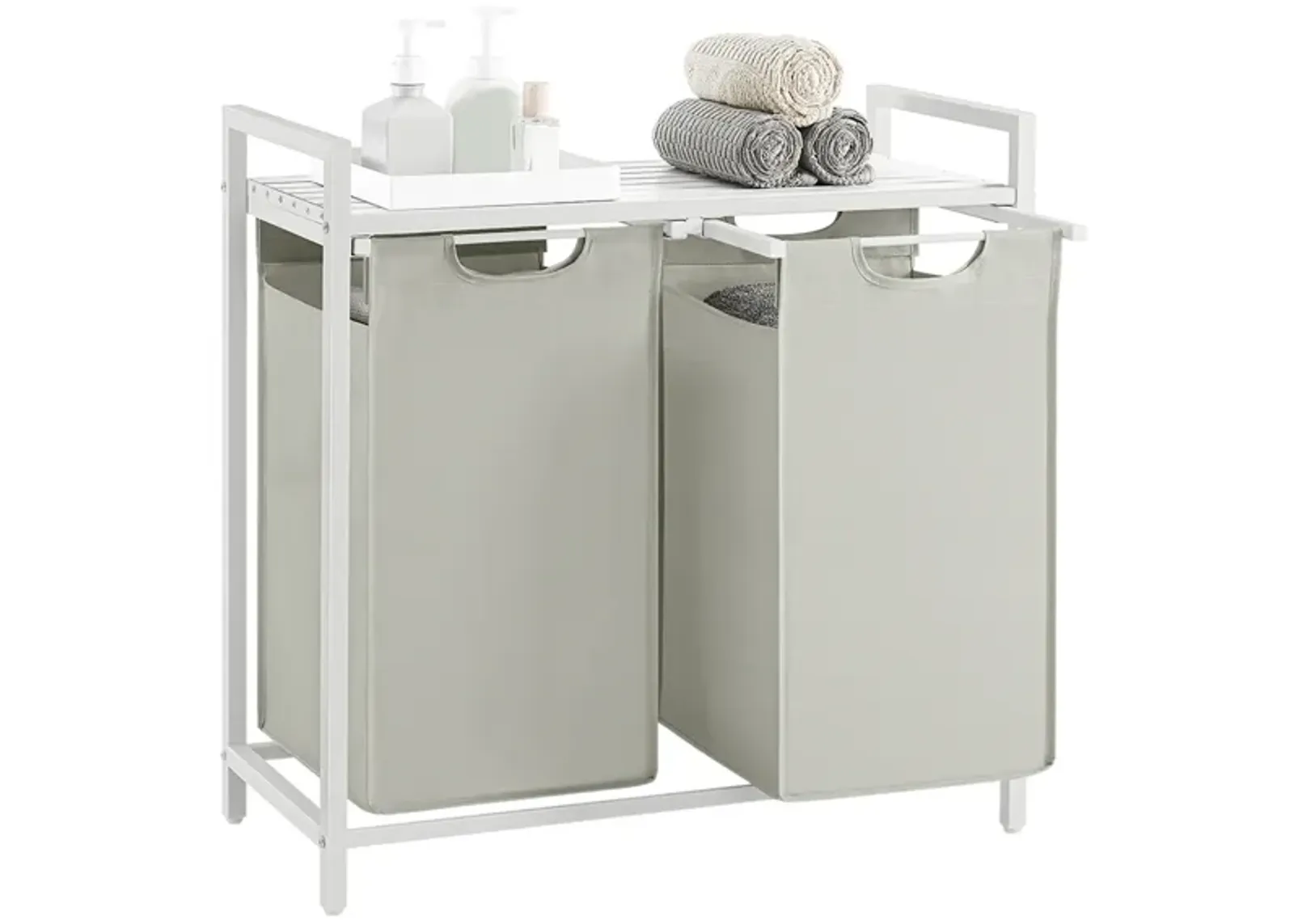 Metal Frame Laundry Hamper with Top Shelf and Pull-Out Bags, 2 Removable Oxford Fabric Bags