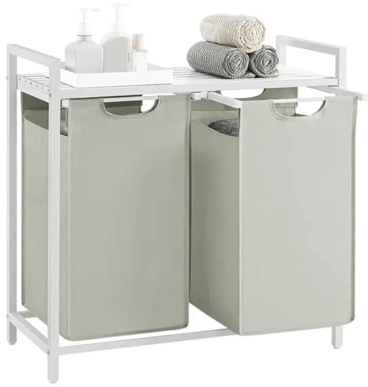 Metal Frame Laundry Hamper with Top Shelf and Pull-Out Bags, 2 Removable Oxford Fabric Bags