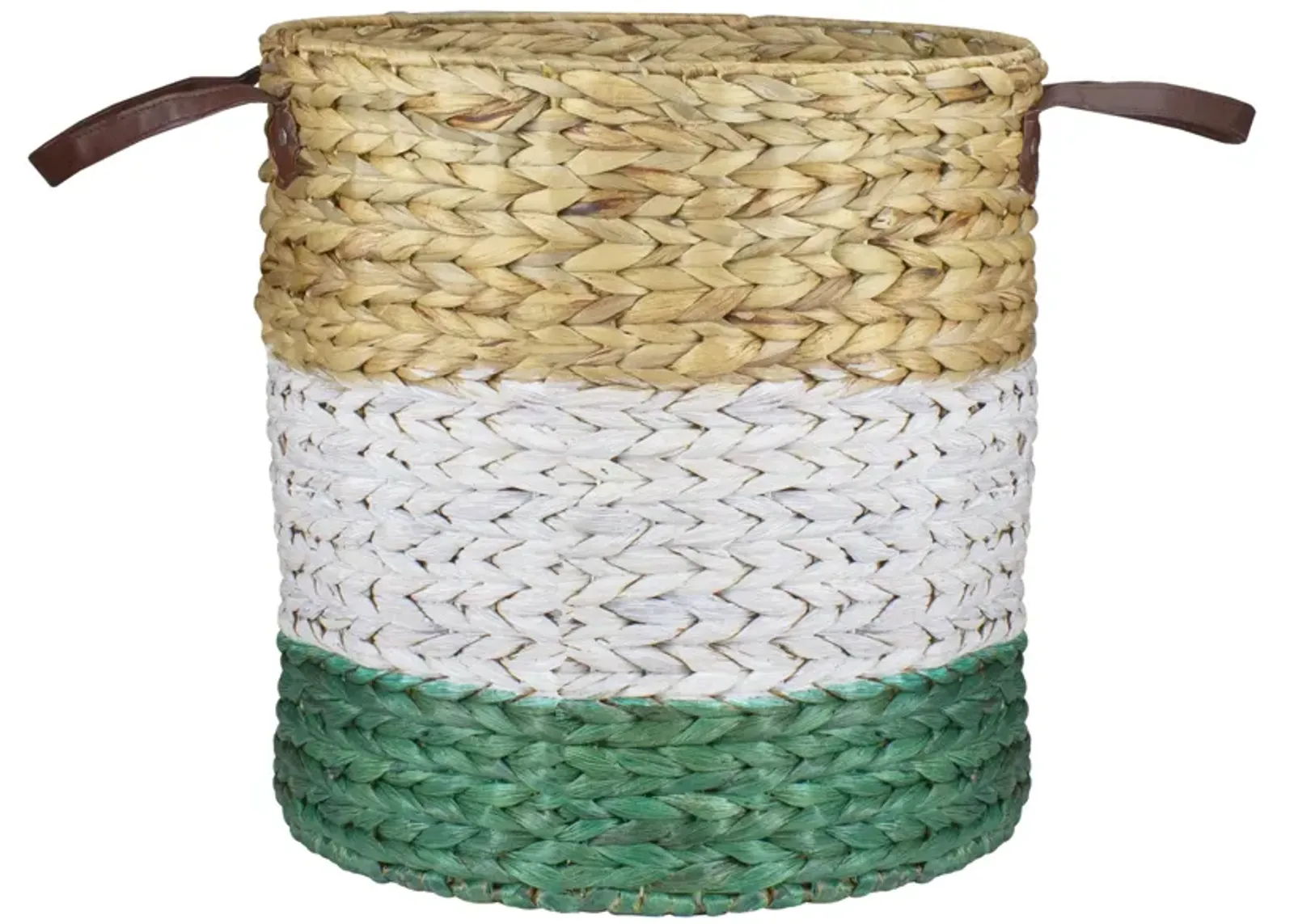 16" Beige  White and Teal Braided Wicker Basket with Handles