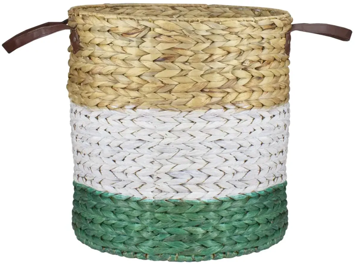 16" Beige  White and Teal Braided Wicker Basket with Handles