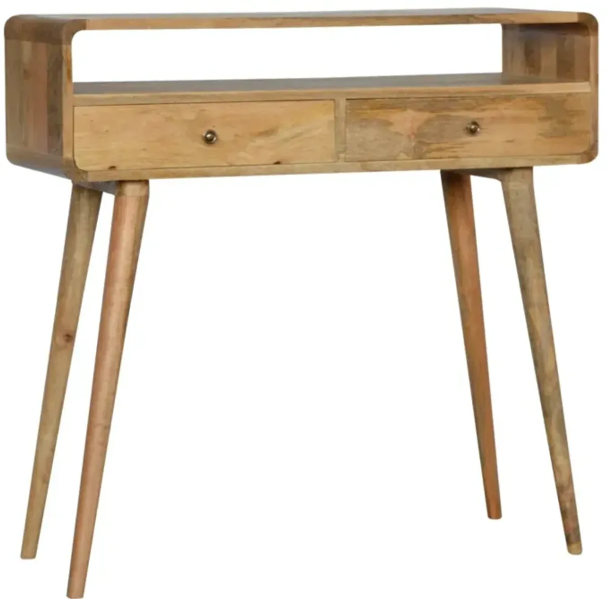 Curved Oak-ish 2 Drawer Solid  Wood Console Table