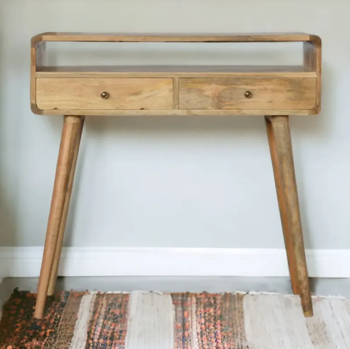 Curved Oak-ish 2 Drawer Solid  Wood Console Table