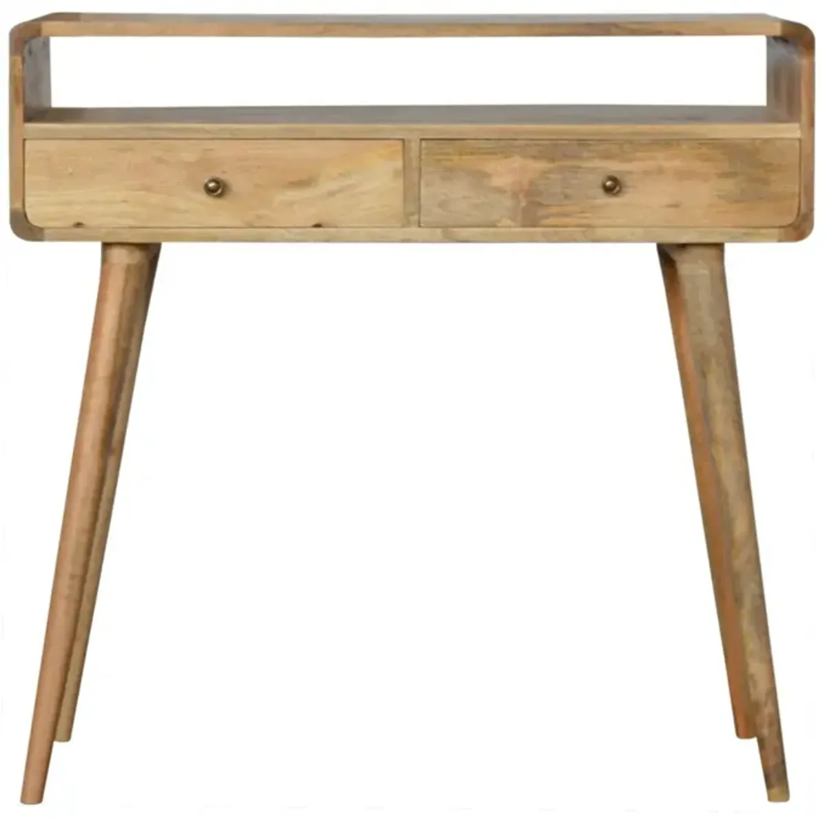 Curved Oak-ish 2 Drawer Solid  Wood Console Table